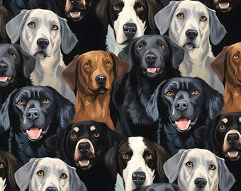 Könnte beinhalten: Ein nahtloses Muster mit verschiedenen Hunderassen, darunter schwarze Labradore, Golden Retriever und Pointer. Die Hunde sind in einem realistischen Stil mit detailliertem Fell und Gesichtsausdrücken dargestellt.