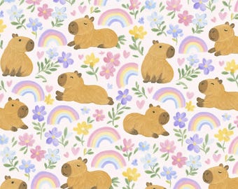 Capibara-regenboogbloemenstof, 100% katoen, verkocht op 1/2 meter (doorlopende snede)