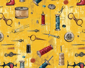 Sewing Tools Fabric, Vintage Sewing Fabric, 100% Cotton Fabric, Sold By The 1/2 Yard   (Continuous Cut)