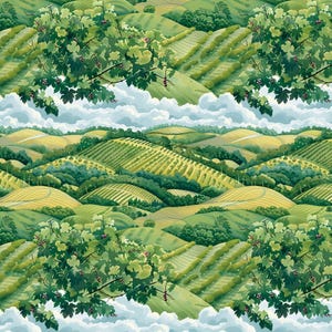 Może przedstawiać: Powtarzający się wzór krajobrazu winnicy z pofałdowanymi wzgórzami, zielonymi polami i winoroślami. Obraz charakteryzuje się żywą paletą barw zieleni, żółci i błękitu, tworząc spokojną i malowniczą scenerię.