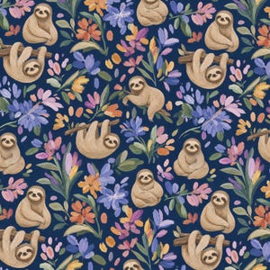 Könnte beinhalten: Ein dunkelblaues Stoffmuster mit sich wiederholenden Illustrationen hellbrauner Faultiere in verschiedenen Posen, einige an Ästen hängend, durchsetzt mit bunten orangefarbenen, violetten und rosafarbenen Blumen sowie grünen Blättern im gesamten Design.