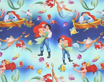 May include: A blue and green fabric with a repeating pattern of Ariel, Prince Eric, King Triton, and other characters from the Disney movie The Little Mermaid. The fabric features a variety of sea creatures, including fish, seahorses, and crabs.