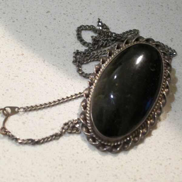 Art Deco Mexico Sterling Silver & Obsidian Pendant Necklace