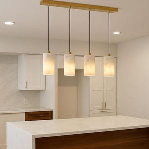 Marble and Brass Cylinder Pendant Chandelier, Modern Minimalist Japandi LED Ceiling Light