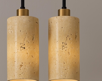 Classic Travertine Pendant Light – Handmade Marble Lamp with Brass – Adjustable Modern Ceiling Lighting