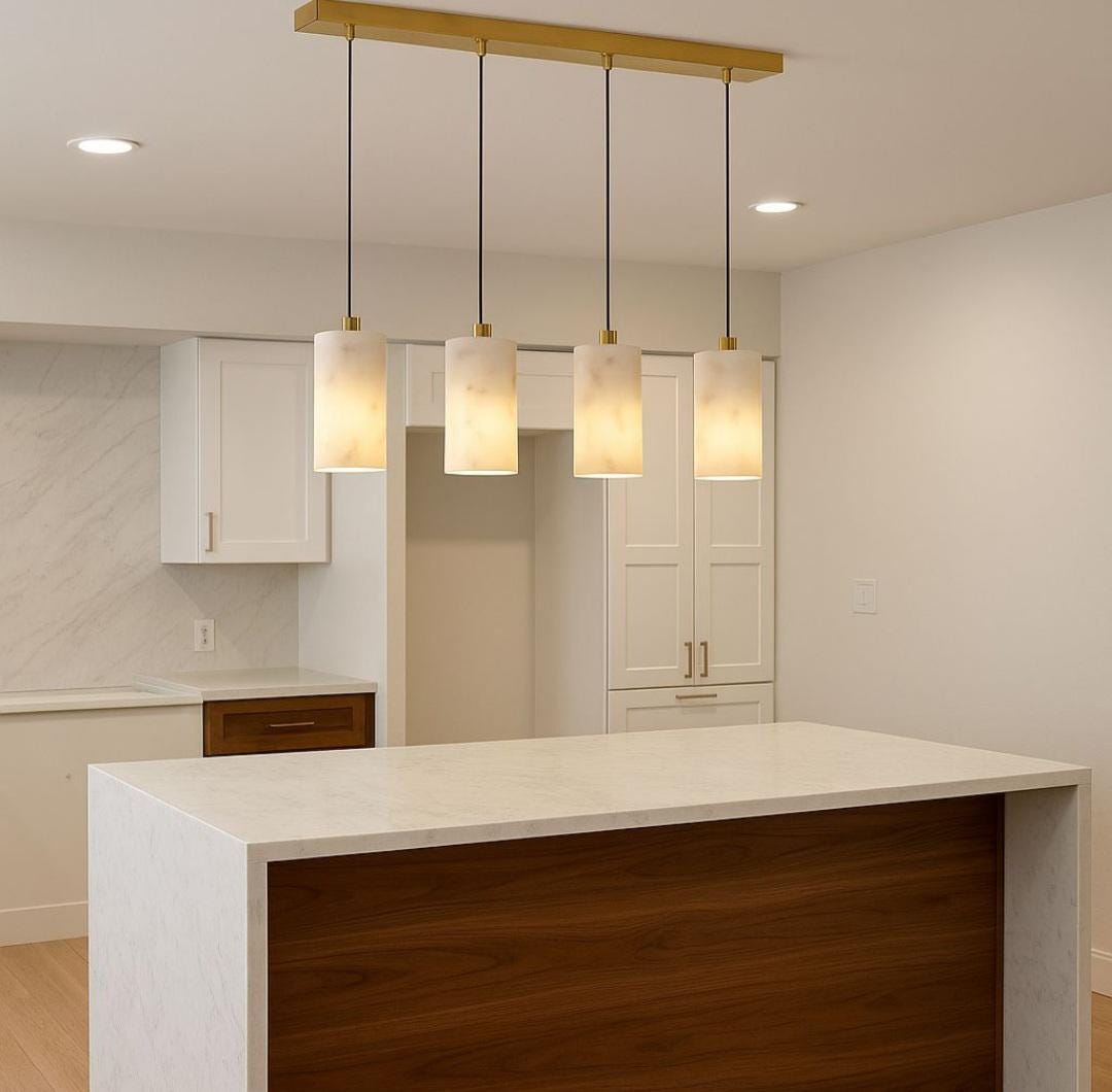 Marble and Brass Cylinder Pendant Chandelier, Modern Minimalist Japandi LED Ceiling Light