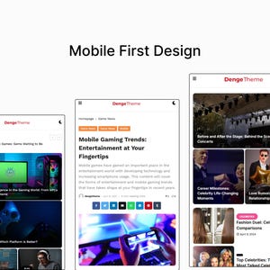 Puede incluir: Tres capturas de pantalla de tel&eacute;fono m&oacute;vil de un sitio web titulado "Denge Theme" con art&iacute;culos sobre las tendencias de los juegos m&oacute;viles, los conciertos y las noticias de las celebridades.