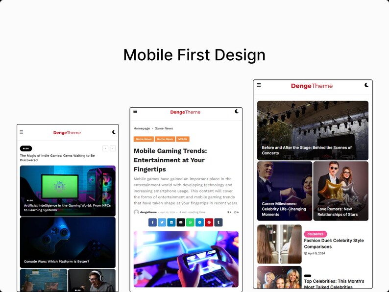 Puede incluir: Tres capturas de pantalla de tel&eacute;fono m&oacute;vil de un sitio web titulado "Denge Theme" con art&iacute;culos sobre las tendencias de los juegos m&oacute;viles, los conciertos y las noticias de las celebridades.