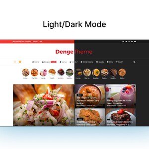Puede incluir: Una captura de pantalla de un sitio web que muestra un blog de comida con una opci&oacute;n de modo claro y oscuro. El sitio web se llama "Denge Theme" y presenta recetas de platos como "La magia de las especias: Receta de curry indio aut&eacute;ntico" y "Snacks energ&eacute;ticos: Smoothie de semillas de ch&iacute;a".