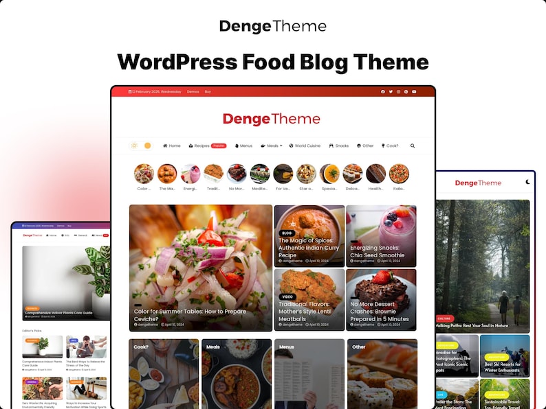 Puede incluir: Una captura de pantalla de un tema de blog de comida de WordPress llamado Denge Theme. El sitio web presenta una cuadr&iacute;cula de publicaciones de blog de comida con im&aacute;genes y t&iacute;tulos. Las publicaciones del blog incluyen recetas de curry indio, alb&oacute;ndigas de lentejas y batidos de semillas de ch&iacute;a. El sitio web tambi&eacute;n tiene una secci&oacute;n para otro contenido relacionado con la comida, como consejos de cocina y rese&ntilde;as de restaurantes.