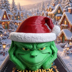 Könnte beinhalten: Ein grüner, skulptierter Charakterkopf mit gerunzelter Stirn und an die Wangen gepressten Händen, der eine rot-weiße Weihnachtsmütze trägt. Das Objekt steht auf einer schwarzen Fläche mit dem Text 3D DRUCK LAMP Nur die Kreativität setzt Grenzen.