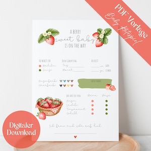 Juego de adivinanzas y tarjetas de deseos para fiesta de bebé baby shower | Un dulce bebé de bayas está en camino | Fresas Fresa | Rojo Verde | DESCARGA DIGITAL