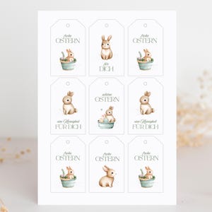 Puede incluir: Etiquetas de regalo de Pascua blancas con ilustraciones de acuarela de conejitos y texto en alemán. Algunas etiquetas presentan conejitos en macetas, otras muestran conejitos individuales. Las etiquetas tienen un agujero en la parte superior.