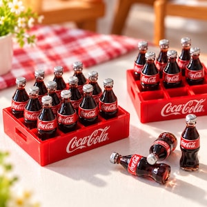 May include: Two red plastic crates filled with miniature glass Coca-Cola bottles, each featuring a silver cap and a red label with white Coca-Cola text. The crates also display the white Coca-Cola logo on their sides, with additional loose bottles.