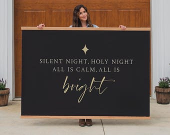 Silent Night Christmas Tapestry | Modern Navy & Gold Holiday Wall Art | All Is Calm All Is Bright | Christian Christmas Wall Hanging | 129