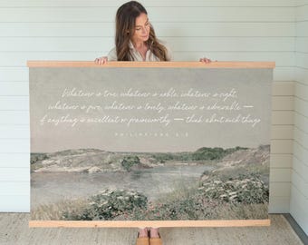 Whatever is True Tapestry | Philippians 4:8 | Oversized Canvas Wall Hanging | Vintage Nature Landscape | Cottagecore Art | Faith Decor | 042