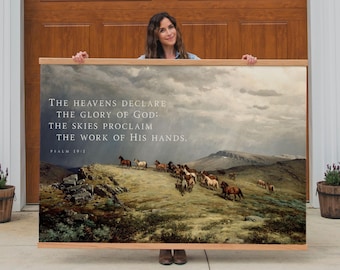 Wild Horses Psalm 19:1 Tapestry | Western Wall Art | Moody Landscape Canvas | Homestead Decor | Vintage Farmhouse Decor | Office Art | 086