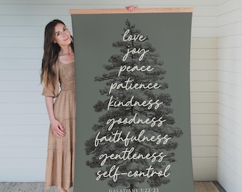 Fruit of the Spirit Christmas Tapestry | Christian Scripture Pine Tree Canvas Wall Art | 110