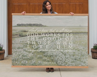 Christian Wall Tapestry Romans 8:28 | Extra Large Scripture Canvas Art | Faith-Based Gift for Women | Vintage Bible Verse Decor | 051