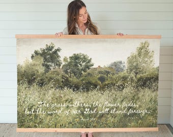 Word of God Stands Forever Tapestry | Extra Large Vintage Oil Painting Print | Bible Verse Decor | Nature Tapestry | Canvas Wall Art | 009