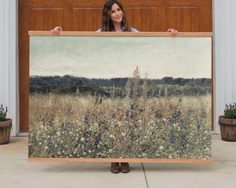 Wildflower Field Wall Art Tapestry | Extra Large Canvas Wall Hanging | Vintage Landscape Print | Oversized Nature Tapestry Decor | 010A