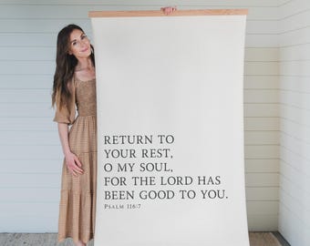 Return to Your Rest Scripture Art | Psalm 116:7 Wall Tapestry | Minimalist Christian Wall Hanging | Neutral Canvas Bible Verse Decor | 112