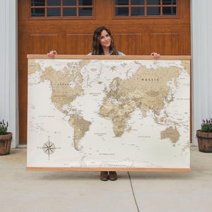 Neutral World Map Canvas Tapestry Wall Hanging Educational Decor Homeschool Room Classroom Office Geography Travel Print Detailed | 026