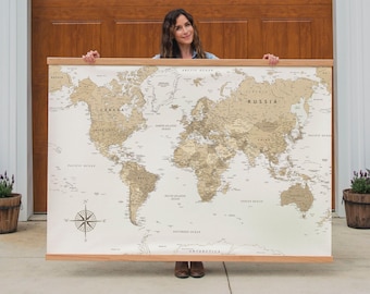 Neutral World Map Canvas Tapestry Wall Hanging Educational Decor Homeschool Room Classroom Office Geography Travel Print Detailed | 026