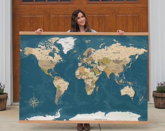 Large World Map Canvas Tapestry Wall Hanging Educational Decor Classroom Decoration Homeschool Room Office Art Earth Tone | 115