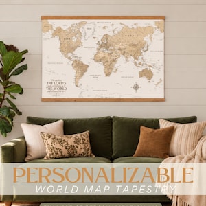 May include: A rectangular world map wall tapestry featuring a cream background with gold-toned continents and oceans. The map includes a compass rose and the text: The earth is THE LORD'S and everything in it THE WORLD and all who live in it.