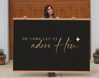 Oh Come Let Us Adore Him Christmas Tapestry | Christian Holiday Wall Hanging | Modern Black and Gold Christmas Wall Art Décor | 140