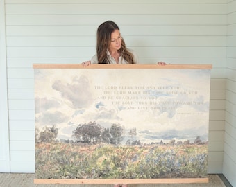 Scripture Wall Tapestry Hanging Bible Verse Blessing Art Christian Decor Farmhouse Style Vintage Pastoral Landscape Canvas Large Print | 021