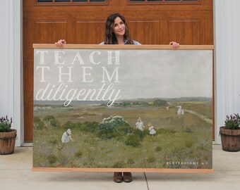 Teach Them Diligently Tapestry | Extra Large Canvas Art | Deuteronomy Scripture Print | Christian Homeschool Decor | Nature Painting | 096