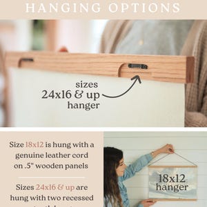 May include: Image showing hanging options for artwork. Sizes 24x16 inches and up use recessed sawtooth hangers on 1.5" wooden panels. Size 18x12 inches is hung with a leather cord on .5" wooden panels. Text reads "Hanging Options".