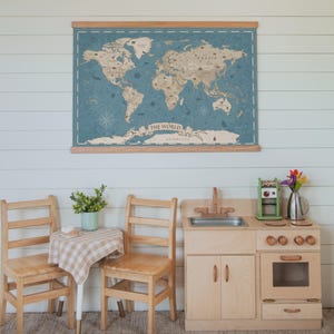 Educational World Map Large Vintage Tapestry Wall Art Display Blue Ocean Background Antique Style Design Parchment Look Continents Homeschool Room Decor Classroom Teaching Tool Geography Education Display Beautiful Statement Piece Travel