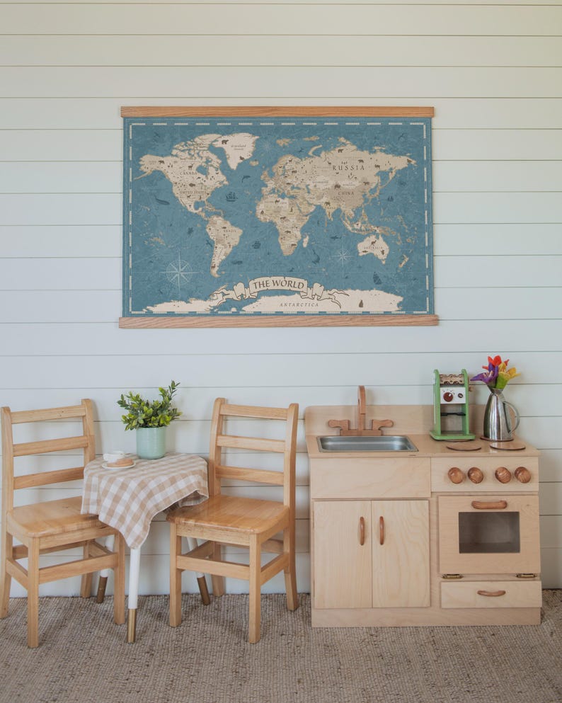 Educational World Map Large Vintage Tapestry Wall Art Display Blue Ocean Background Antique Style Design Parchment Look Continents Homeschool Room Decor Classroom Teaching Tool Geography Education Display Beautiful Statement Piece Travel