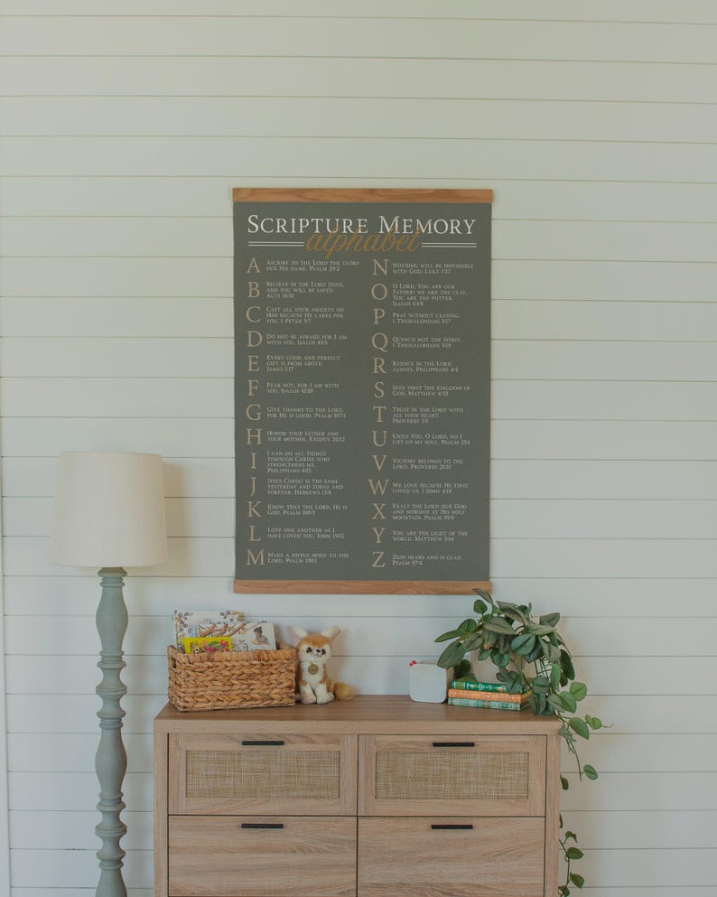Nursery Wall Hanging Christian Alphabet Design Bible Verse Collection Scripture Memory Aid Kids Room Decor Educational Wall Art ABC Learning Display Faith Based Teaching Tool Religious Decoration Homeschool Resource Inspirational Gift Idea