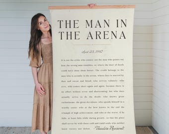 Theodore Roosevelt Man in the Arena Quote Tapestry | Distressed Ivory | Large Canvas Wall Art | 074