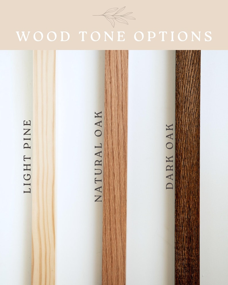 May include: Image showcasing three wood tone options: Light Pine, Natural Oak, and Dark Oak. The text "WOOD TONE OPTIONS" is displayed at the top. Each wood sample is a vertical strip, with the names of the wood types printed vertically.