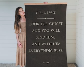C.S. Lewis Wall Art | Christian Quote Tapestry Wall Hanging | Large Distressed Canvas | Look for Christ Quote | Neutral Decor | 079