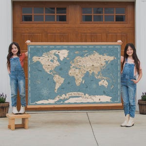 Vintage World Map Tapestry Educational Wall Decor Large Canvas Print Blue Ocean Background Parchment Style Continents Classroom Decoration Homeschool Room Display Geography Teaching Tool Perfect Learning Space Antique Design Aesthetic