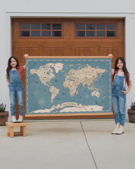 Vintage World Map Wall Tapestry Educational Decor Blue Ocean Classroom Decoration Homeschool Room Art Large Canvas Print Travel | 118