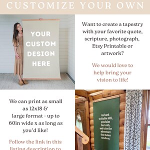 May include: A customizable tapestry with text that reads "YOUR CUSTOM DESIGN HERE". The image shows a woman holding the tapestry. The text also mentions the ability to print tapestries up to 60 inches wide.
