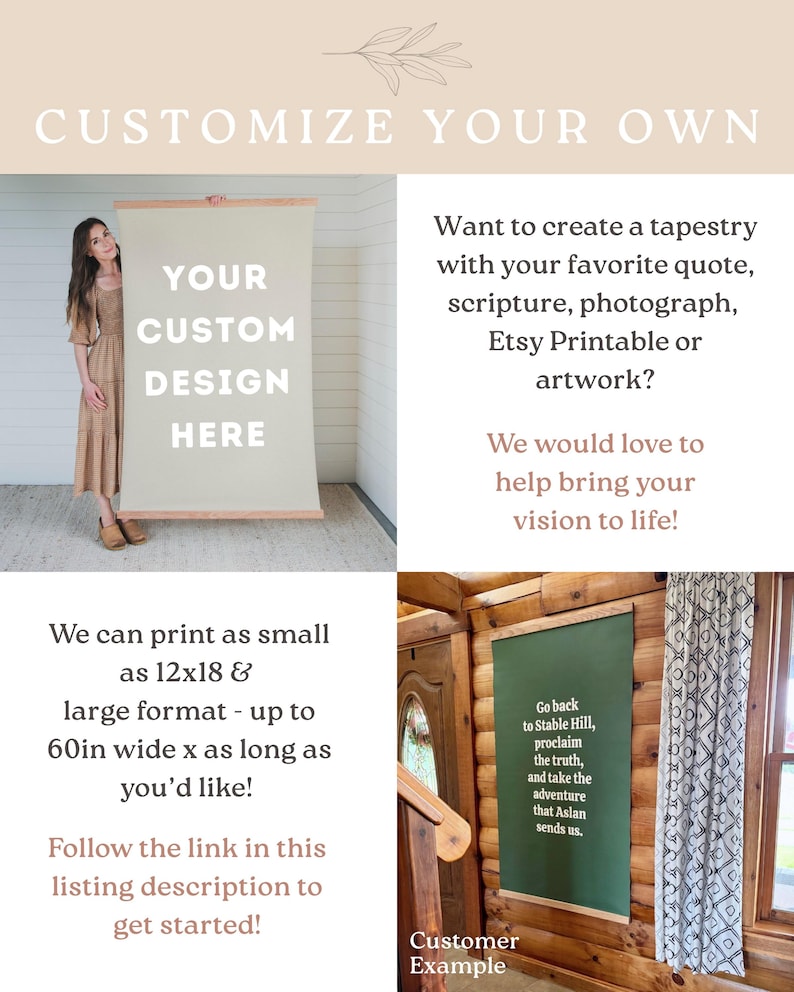 May include: A customizable tapestry with text that reads "YOUR CUSTOM DESIGN HERE". The image shows a woman holding the tapestry. The text also mentions the ability to print tapestries up to 60 inches wide.