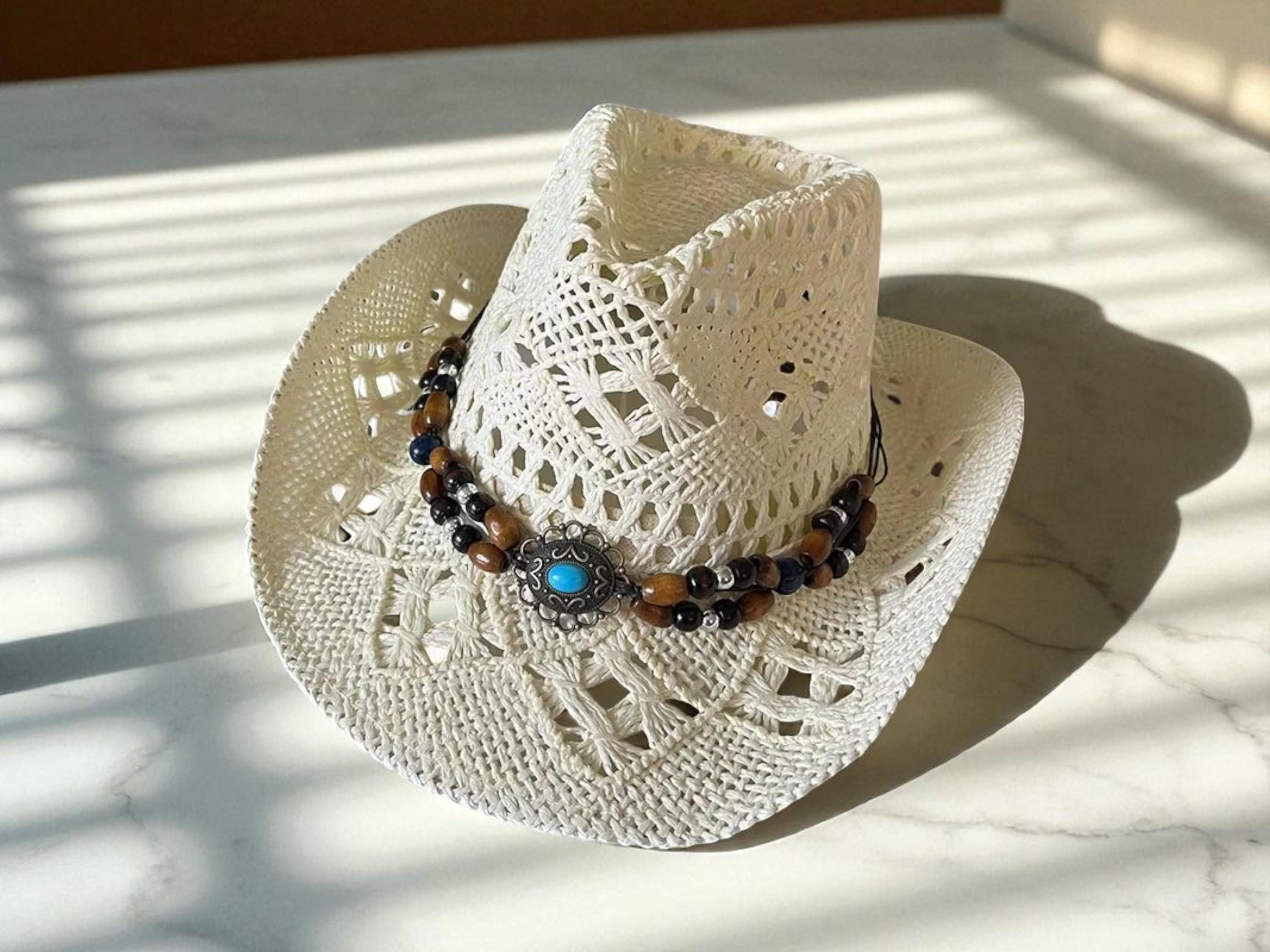 Vintage Cowboy Style Sunhat with Bow and Wooden Bead Accents Floral Print Cowboy/sun Hat With a Beaded Hat Band With a  main image 3