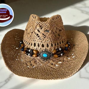 Boho Cowboy Straw Hat: Wooden Bead Accent, Unisex Summer Cap