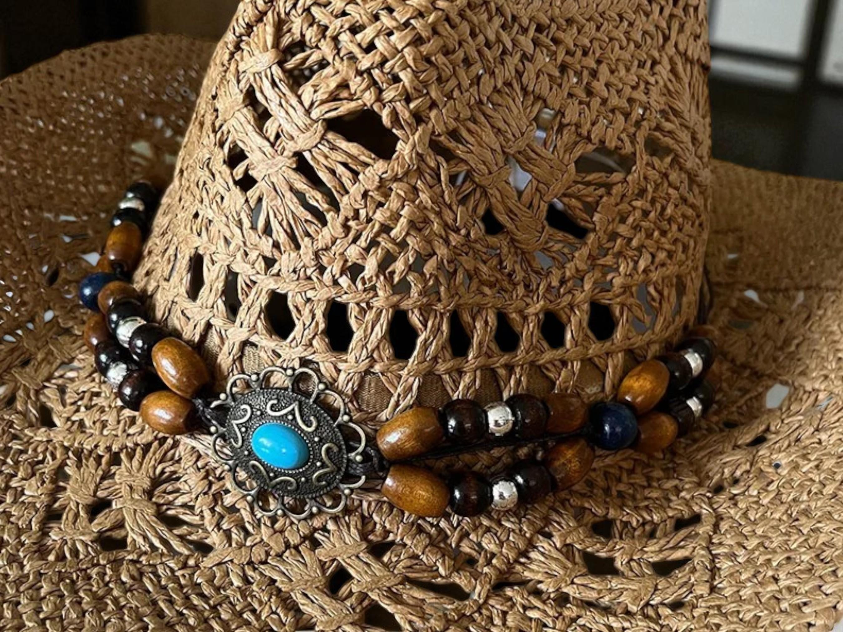 Boho Cowboy Straw Hat: Wooden Bead Accent, Unisex Summer Cap 