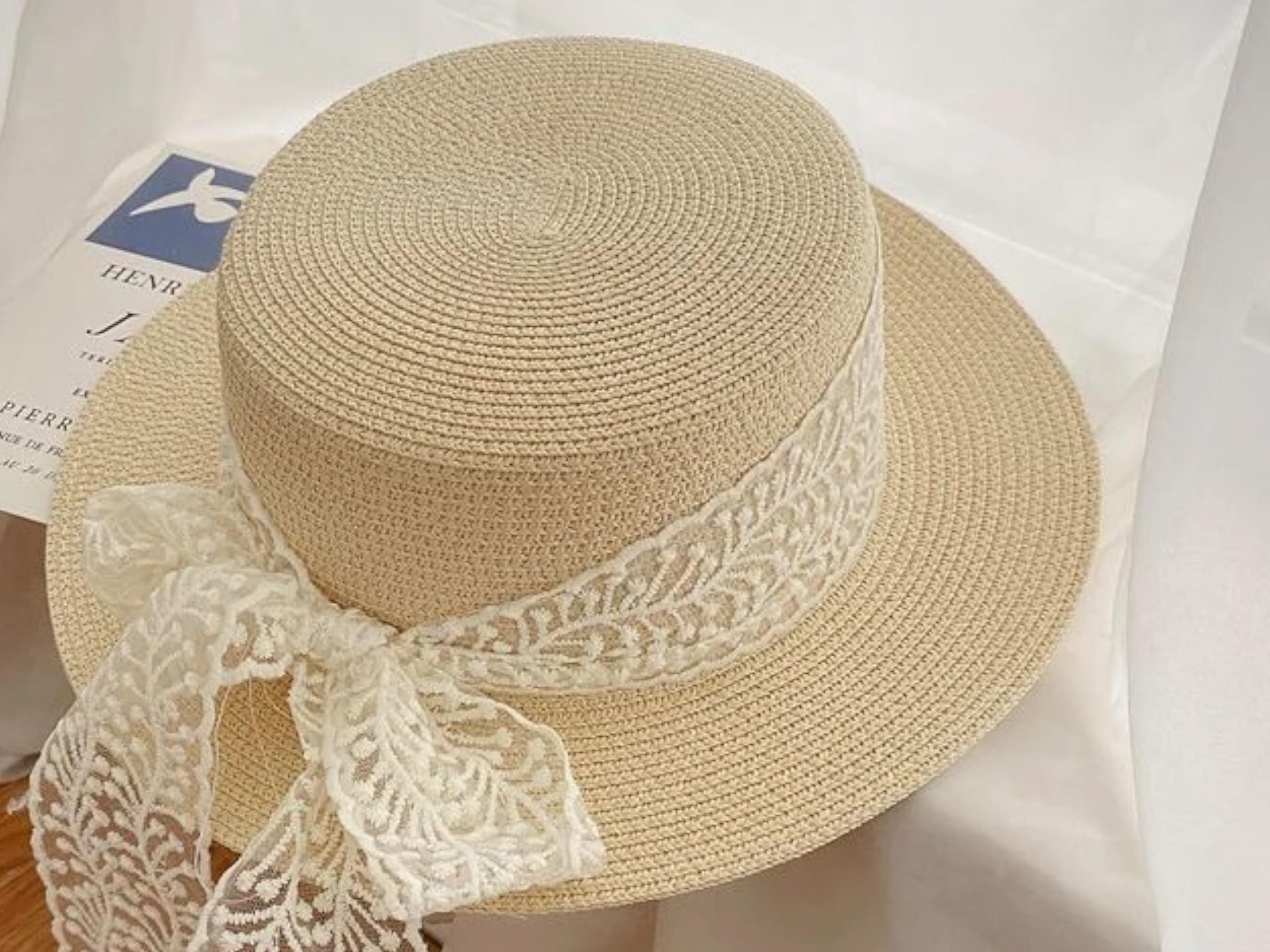 Classic Lace-Trim Straw Sun Garden Party Hat NWOT Lace Beach Panama Hat Vacation Sun Hat Personalized Luxe  main image 3
