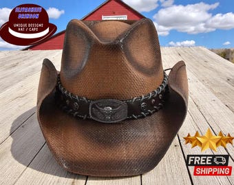 Unisex Cowboy Straw Hat | Wide Brim Cap with Bull Emblem | Vintage-Inspired Western Style | Outdoor Protection Fashion Accessory