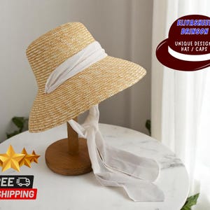 Strohoed met strikband | Pet met platte bovenkant en brede rand | Zomerstrand-reisaccessoires | Lichtgewicht hoofddeksels voor dames